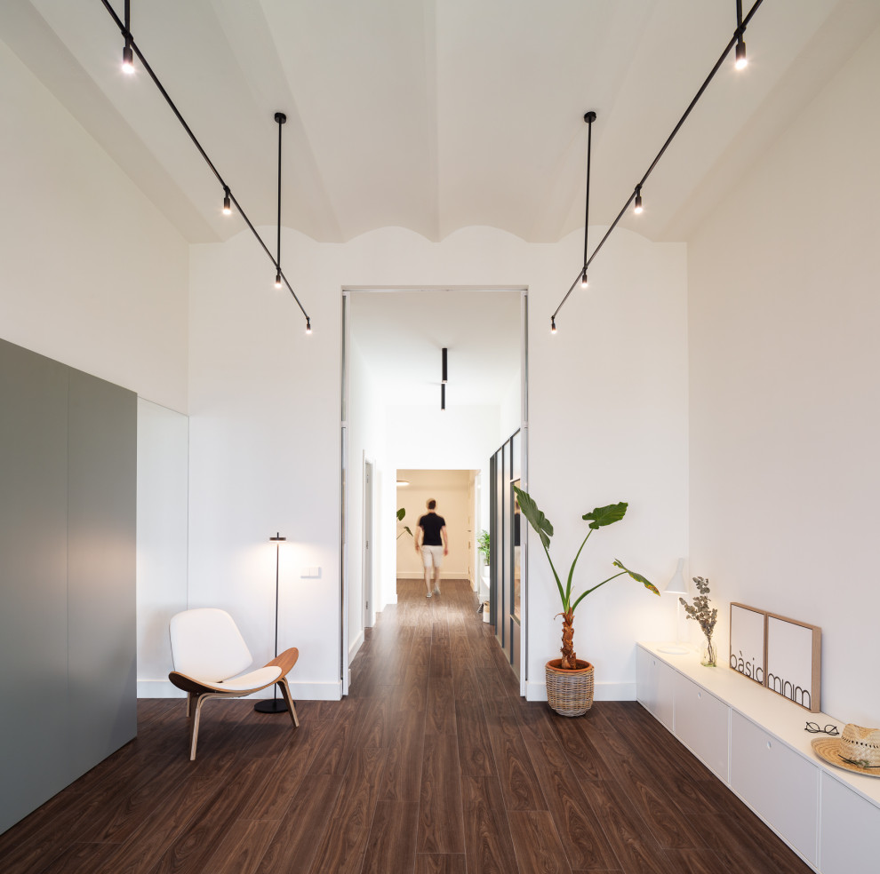 Идея дизайна: большой коридор: освещение в современном стиле с белыми стенами, темным паркетным полом, коричневым полом, сводчатым потолком и панелями на части стены