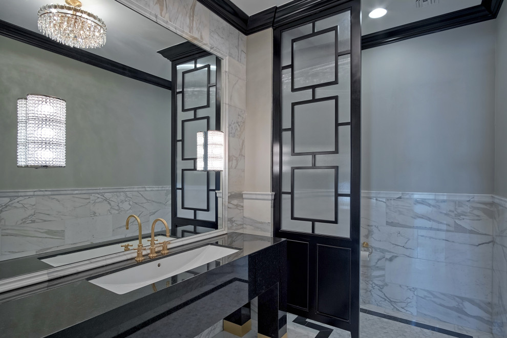 Bathroom - transitional single-sink bathroom idea in Phoenix with black cabinets and a freestanding vanity
