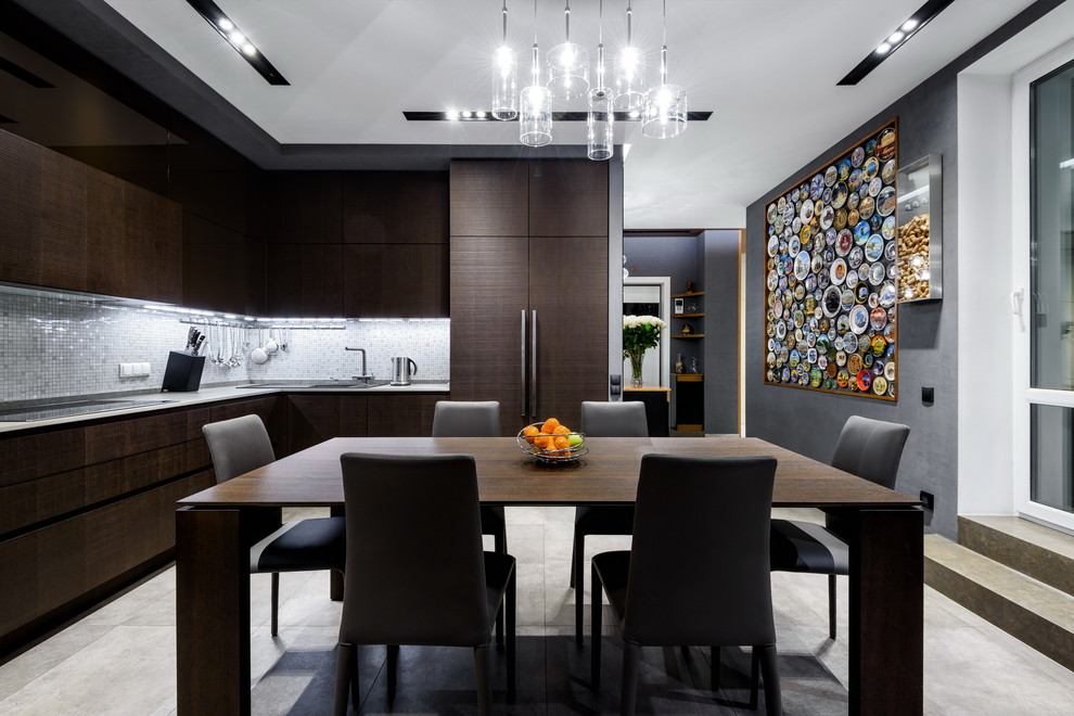 Contemporary l-shaped separate kitchen in Moscow with a drop-in sink, flat-panel cabinets, dark wood cabinets, grey splashback, mosaic tile splashback and no island.