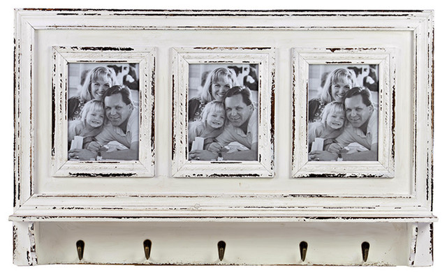 Antique Style Aged White Wood Triple Photo Frame Metal Hooks Wall Antique Style Aged White Wood Triple Photo Frame Metal Hooks Wall Decor