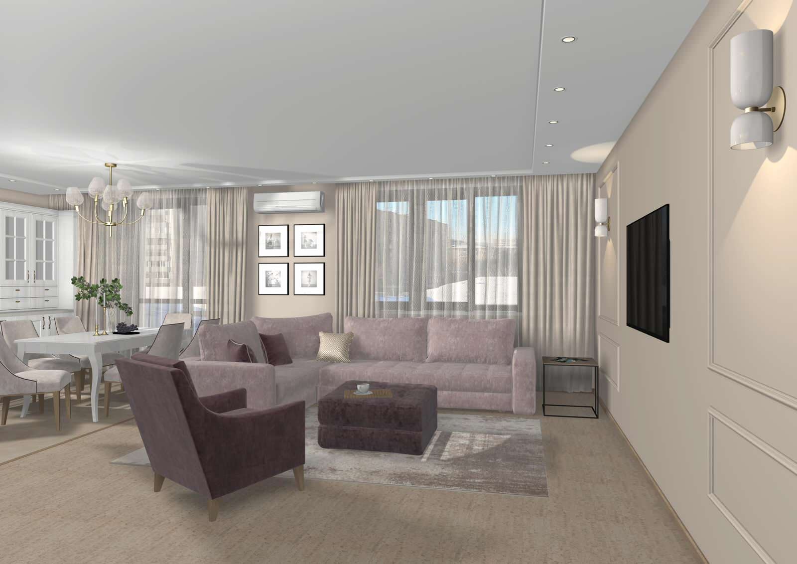 Гостиная с белой кухней