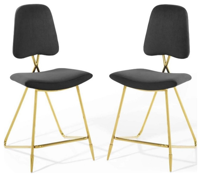 Modway Ponder 24.5" Velvet Counter Stools with Gold Legs in Black (Set