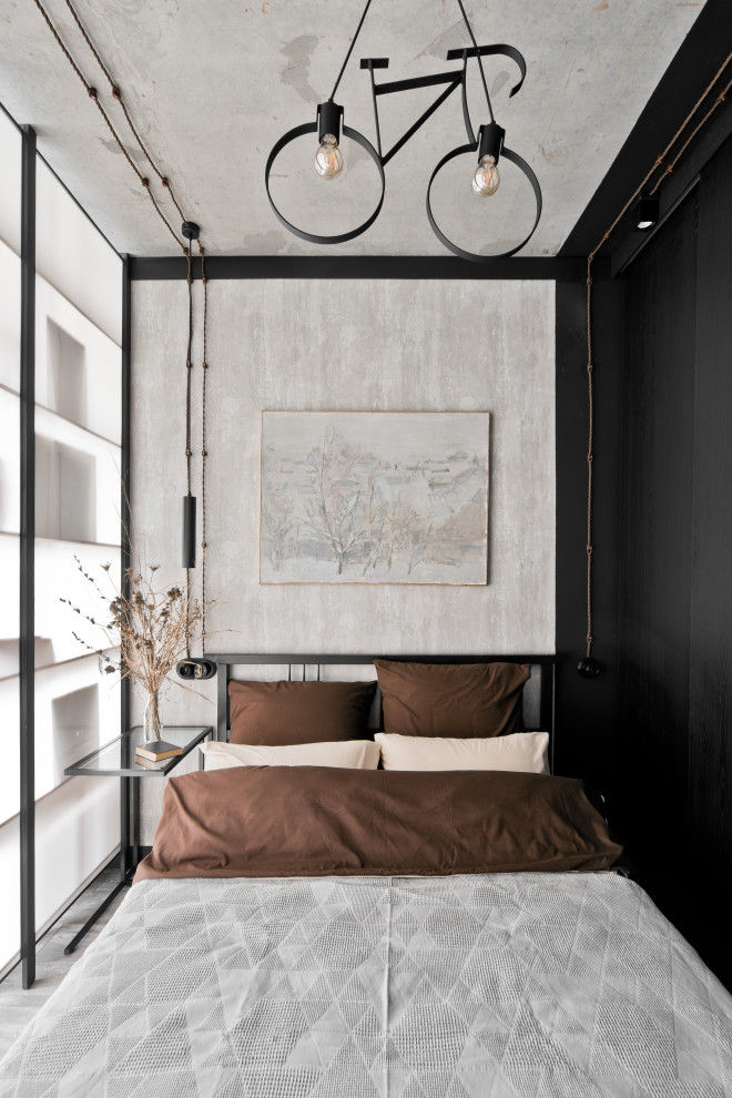 Источник вдохновения для домашнего уюта: маленькая спальня в стиле лофт с серыми стенами для на участке и в саду