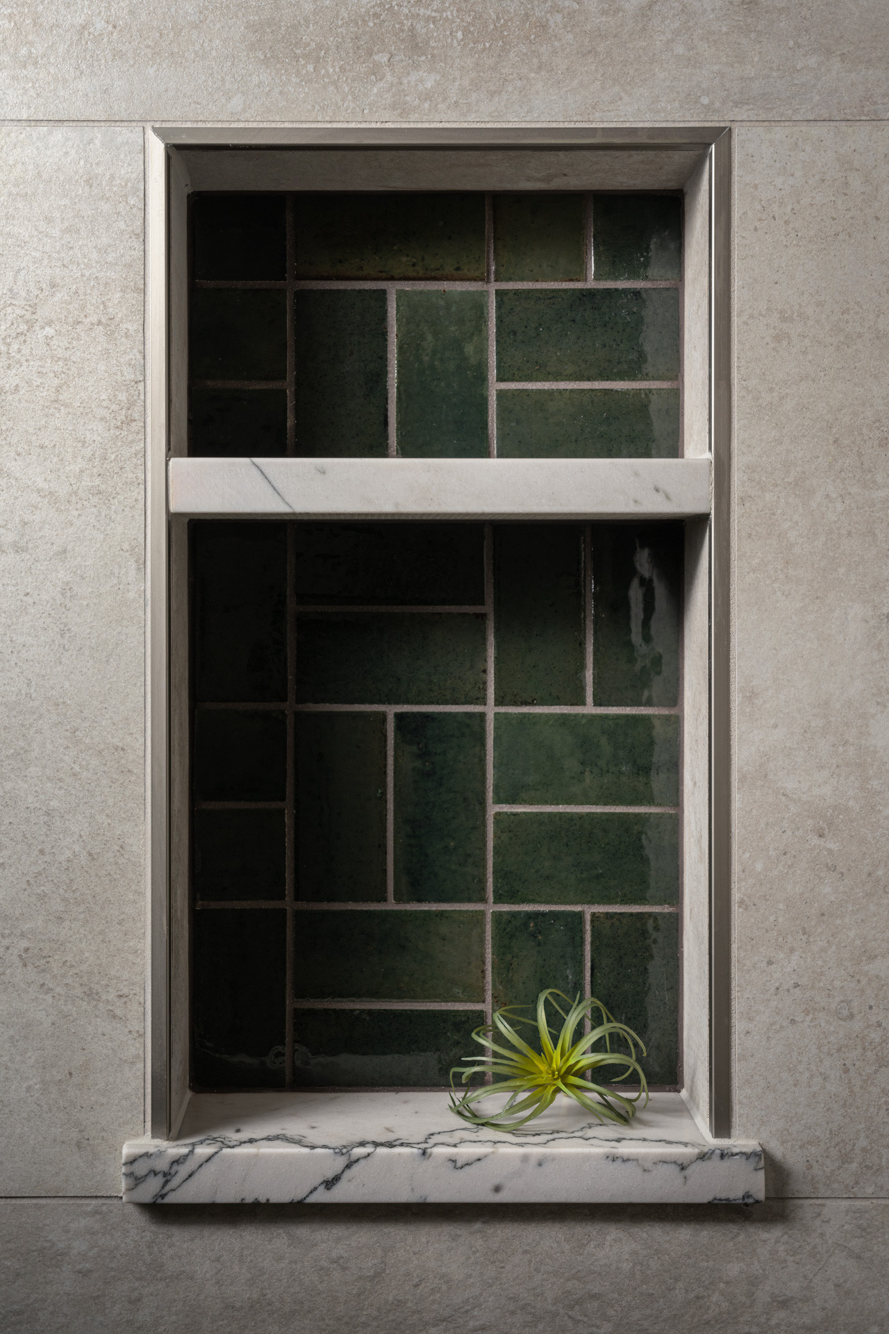 Tiger Mountain Guest Bath Shower Niche Detail in Green Tile with a Basketweave T