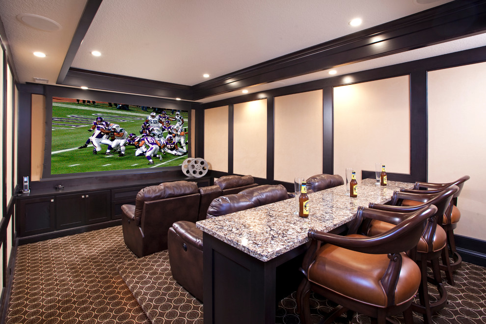 Design ideas for a traditional enclosed home theatre in Minneapolis with carpet and a projector screen.