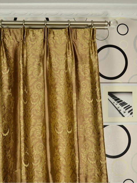 Brown Embroidered Scroll DamaskVersatile Pleat Dupioni Silk Curtains