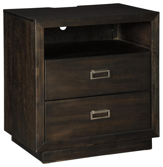 Hyndell Dark Brown Two Drawer Nightstand Transitional Nightstands