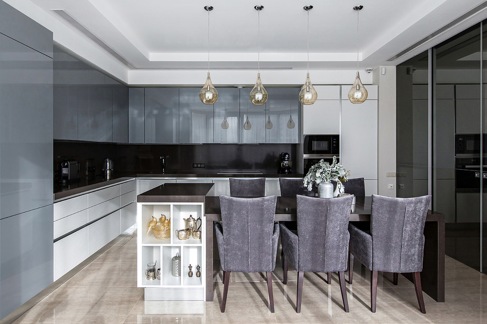 Inspiration for a contemporary l-shaped separate kitchen in Moscow with flat-panel cabinets, grey cabinets, black splashback, with island, beige floor and black benchtop.
