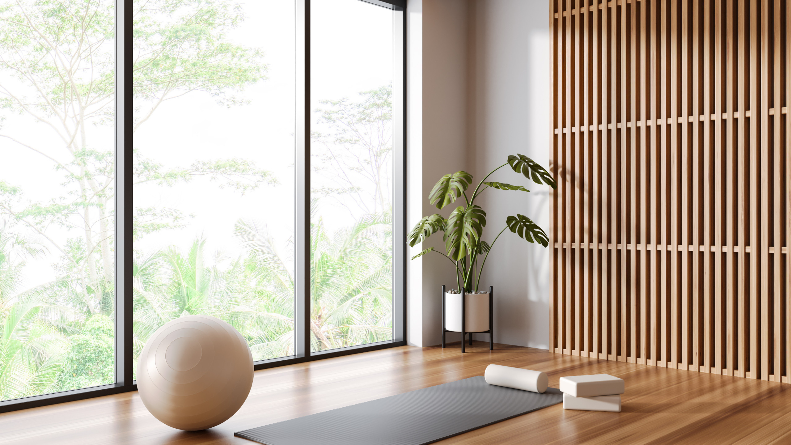 Minimalist Home Gym with Light Wood Accents in Leatherhead