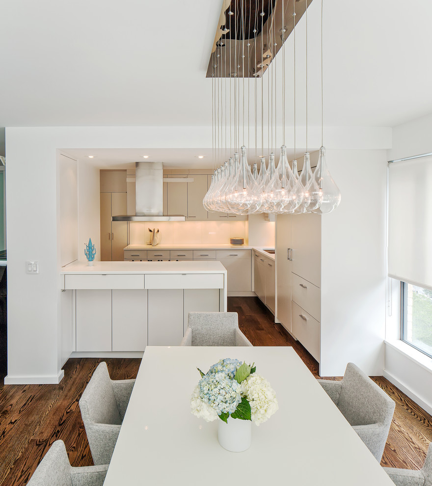 This is an example of a mid-sized contemporary dining room in New York with white walls and medium hardwood floors.