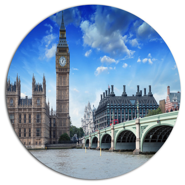Houses of Parliament and Westminster Bridge, Round Metal Wall Art, Disc