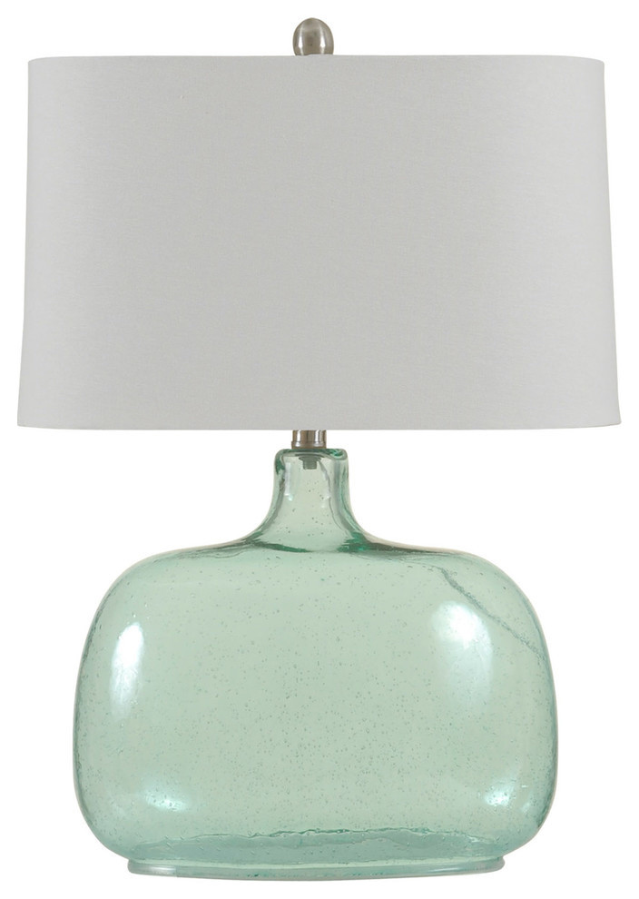 Teal seeded glass table lamp French wiring Oval natural linen shade