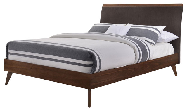 Modrest Marshall Mid-Century Modern Brown Fabric & Walnut Bed, Queen
