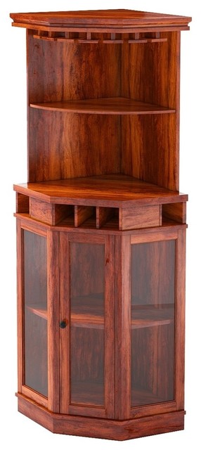 Solid Wood Corner Liquor Display Cabinet With Wine Storage