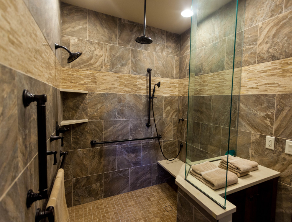 Design ideas for a large country master bathroom in Denver with shaker cabinets, dark wood cabinets, an undermount tub, an alcove shower, beige tile, matchstick tile, white walls, slate floors, an undermount sink, quartzite benchtops, grey floor, a hinged shower door and white benchtops.
