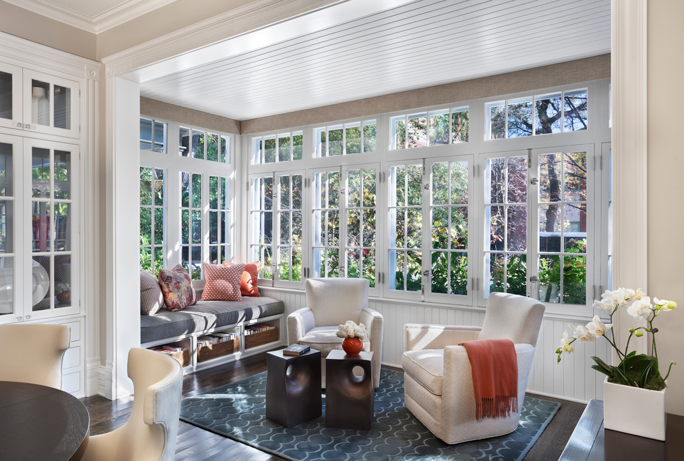 Inspiration for a transitional sunroom in Chicago with dark hardwood floors and a standard ceiling.
