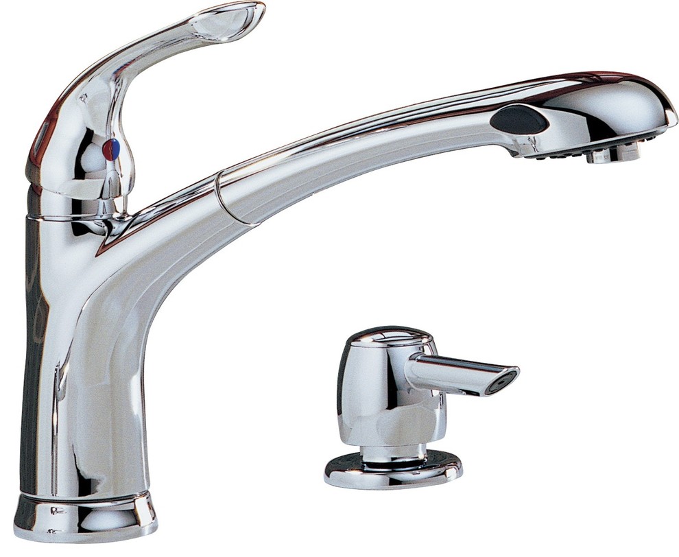Delta 16928-SD-DST Uptown Single Handle Pull-Out Kitchen Faucet with Soap Dispen