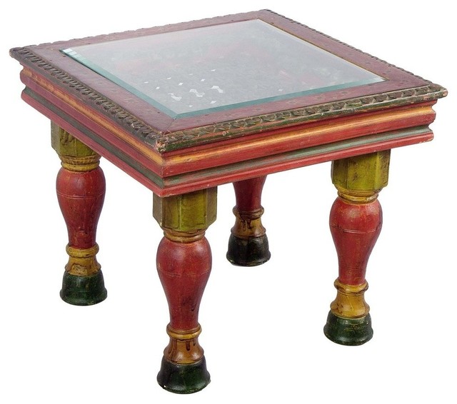Hand Painted Wooden Carved Coffee Table With Glass Top Traditional Hand Painted Wooden Carved Coffee Table With Glass Top