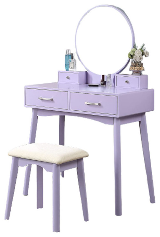 Contemporary Vanity Set, Table With Angled Tapered Legs & Round Mirror, Purple