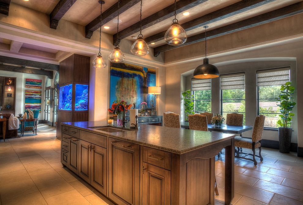 Example of a transitional u-shaped porcelain tile eat-in kitchen design in Houston with an undermount sink, raised-panel cabinets, medium tone wood cabinets, granite countertops and a peninsula