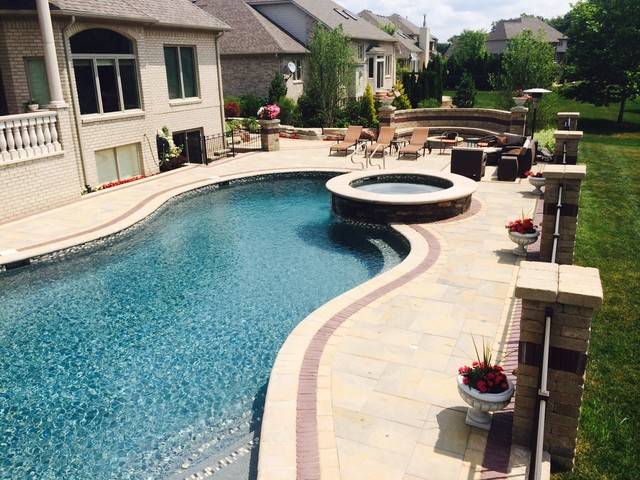 Gunite Pool Spa With Fire Pit Transitional Pool Detroit