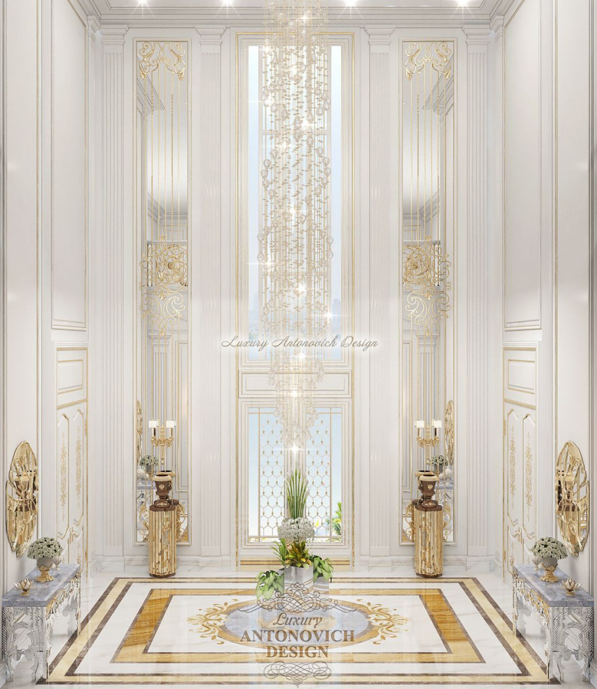 Элитный проект холла с художественным мрамором и витражом