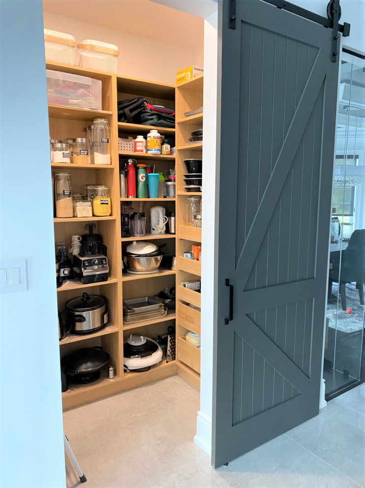 Large transitional l-shaped porcelain tile and white floor open concept kitchen photo in Toronto with an undermount sink, recessed-panel cabinets, white cabinets, quartz countertops, white backsplash, stone slab backsplash, stainless steel appliances, an island and white countertops