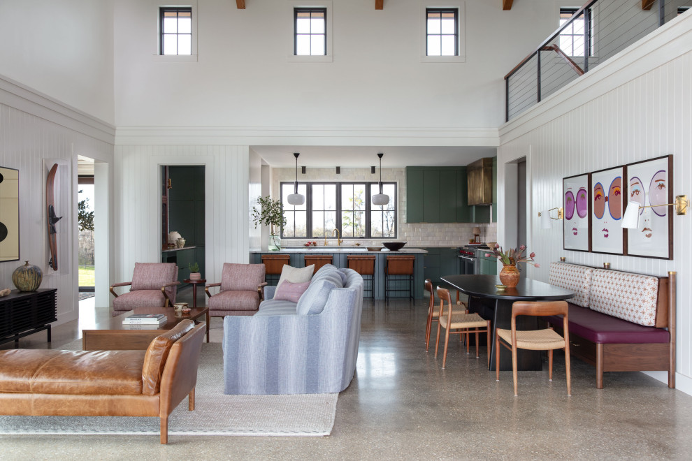 Martindale Water Ski Retreat - Large trendy open concept concrete floor and wainscoting living room photo in Austin with white walls, no fireplace and a wall-mounted tv