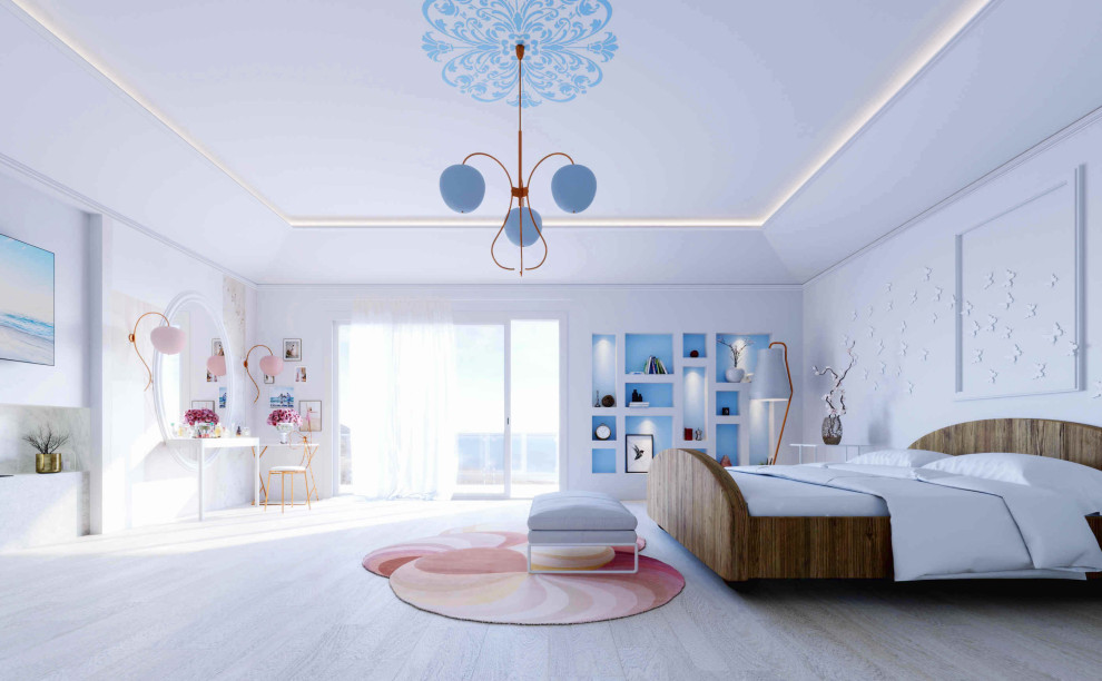 Inspiration pour une chambre parentale minimaliste de taille moyenne avec un mur blanc, parquet clair, aucune cheminée, un sol beige et du papier peint.