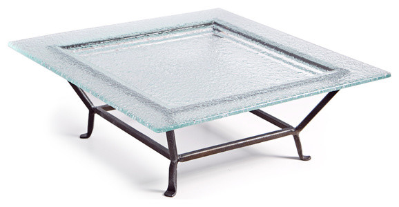 Large Elevated Square Textured Glass Plate on Raised Iron Stand