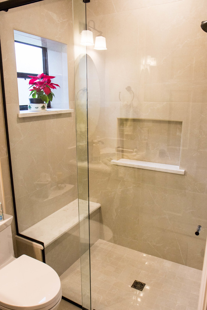 This is an example of a small transitional 3/4 bathroom in Orlando with a curbless shower, beige tile, beige walls, porcelain floors, beige floor and a sliding shower screen.