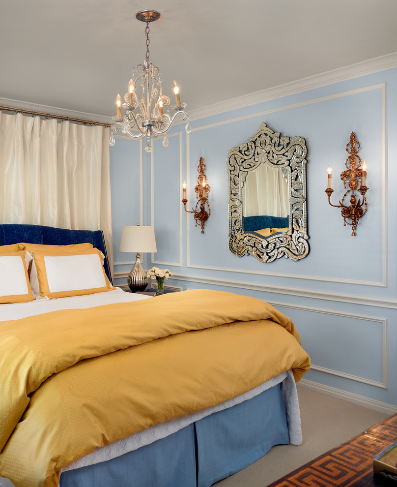 Traditional bedroom in Dallas with blue walls.