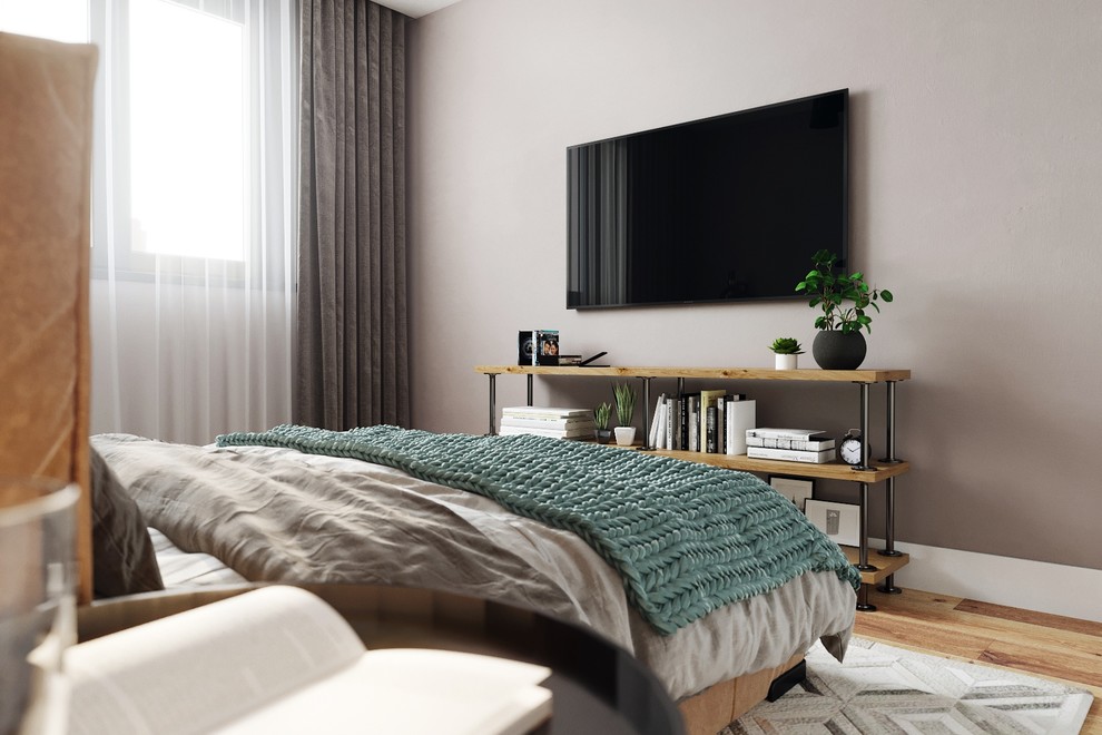 Цвет стен в спальне подобран более тёплого оттенка, создавая располагающую атмос