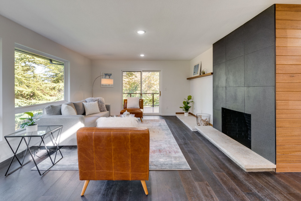 Inspiration for an expansive midcentury formal open concept living room in Portland with white walls.