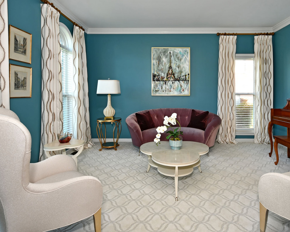 Foto di un grande soggiorno chic chiuso con sala formale, pareti blu e moquette