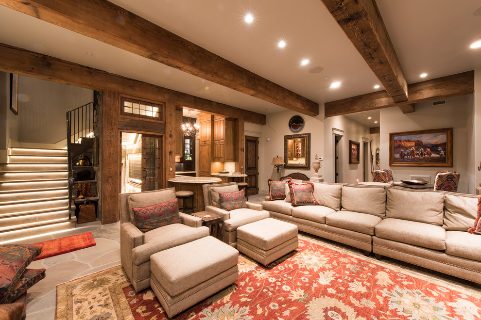 Photo of a country basement in Denver with beige walls.