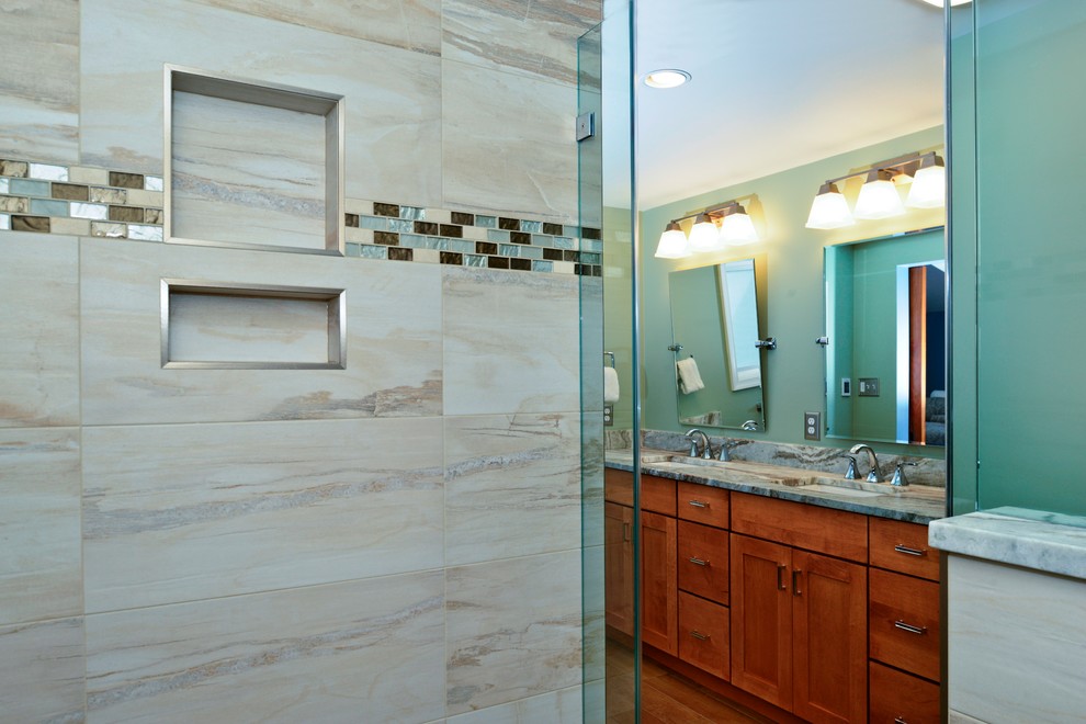 Design ideas for a mid-sized traditional master bathroom in DC Metro with medium wood cabinets, an open shower, beige tile, green walls, granite benchtops and an open shower.