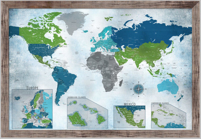 World Map Push Pin Map Water Color Blues With Insets 24 X36