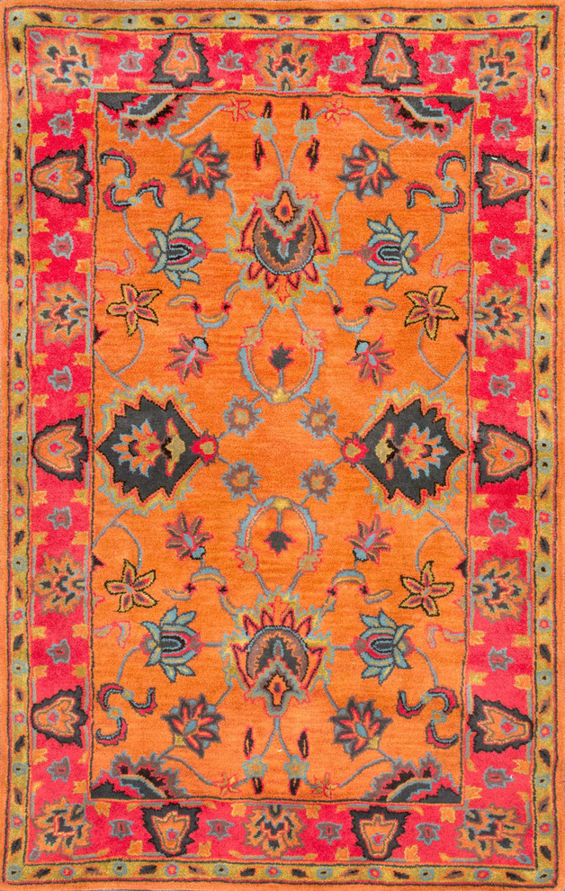 Hand-Tufted Bohemian Vibrant Floral Wool Rug, Orange, 8'x10' Oval