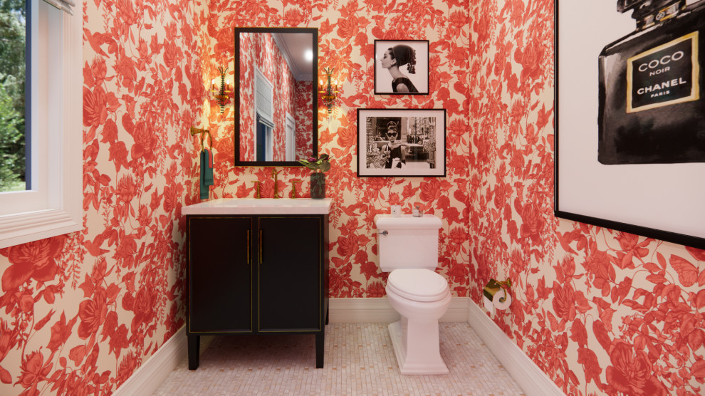 Design ideas for a small traditional cloakroom in New York with freestanding cabinets, black cabinets, a one-piece toilet, orange walls, mosaic tile flooring, white floors, white worktops, a freestanding vanity unit, wallpapered walls, a submerged sink and marble worktops.