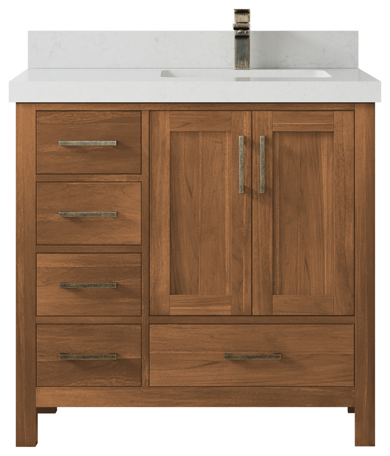 Malibu Teak 36 Right Offset Bath Vanity in Golden Teak with 2" Carrara ...