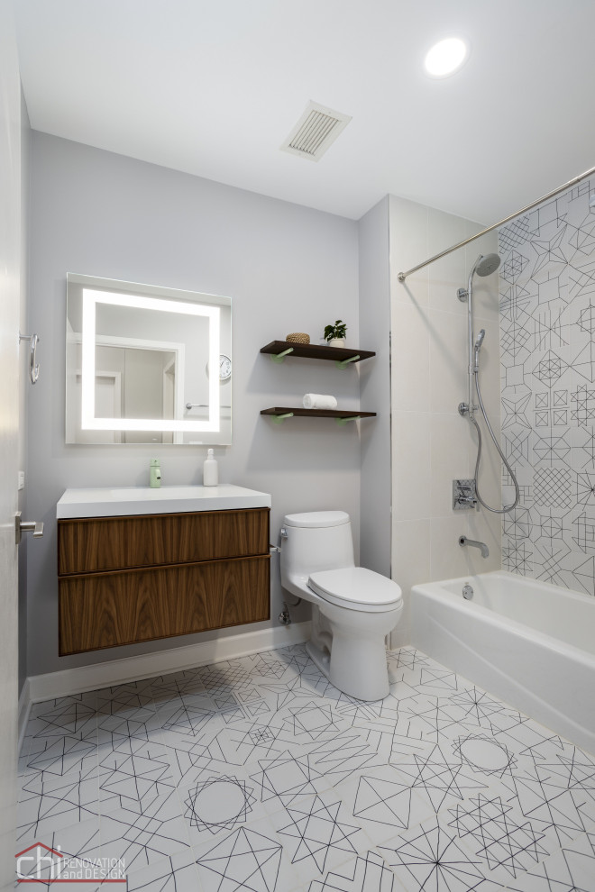 Medium sized classic family bathroom in Chicago with dark wood cabinets, a one-piece toilet, white tiles, porcelain tiles, white walls, porcelain flooring, a trough sink, white worktops, a single sink, a floating vanity unit, white floors and a wall niche.