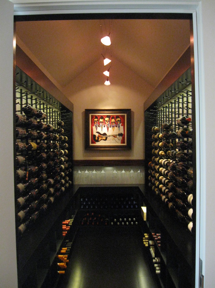 This is an example of a contemporary wine cellar in Other with black floor.