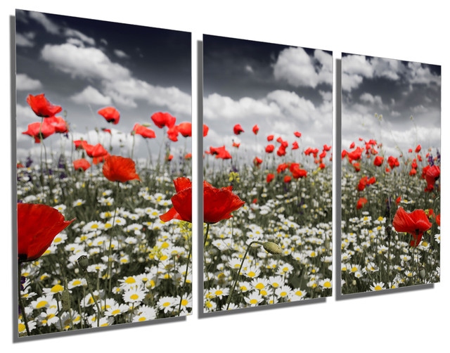 Red Poppies In A Field, Metal Print Wall Art, 3 Panel Split, Triptych