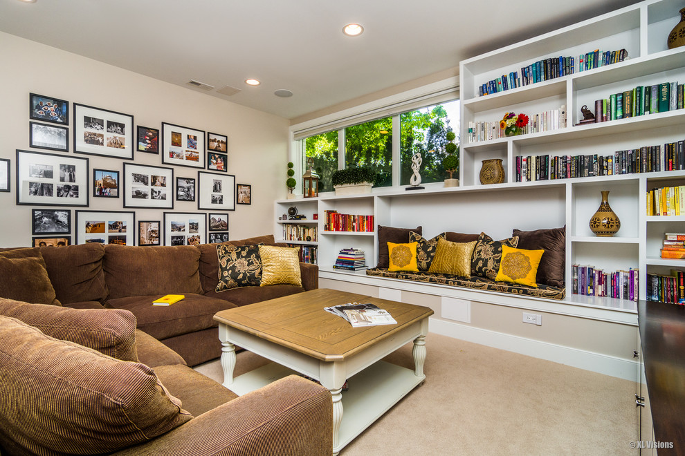 Mid-sized transitional underground carpeted and beige floor basement photo in Boston with beige walls and no fireplace