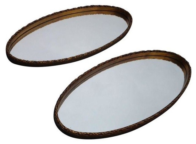 Used Vintage Gold Lead Oval Mirrors - A Pair