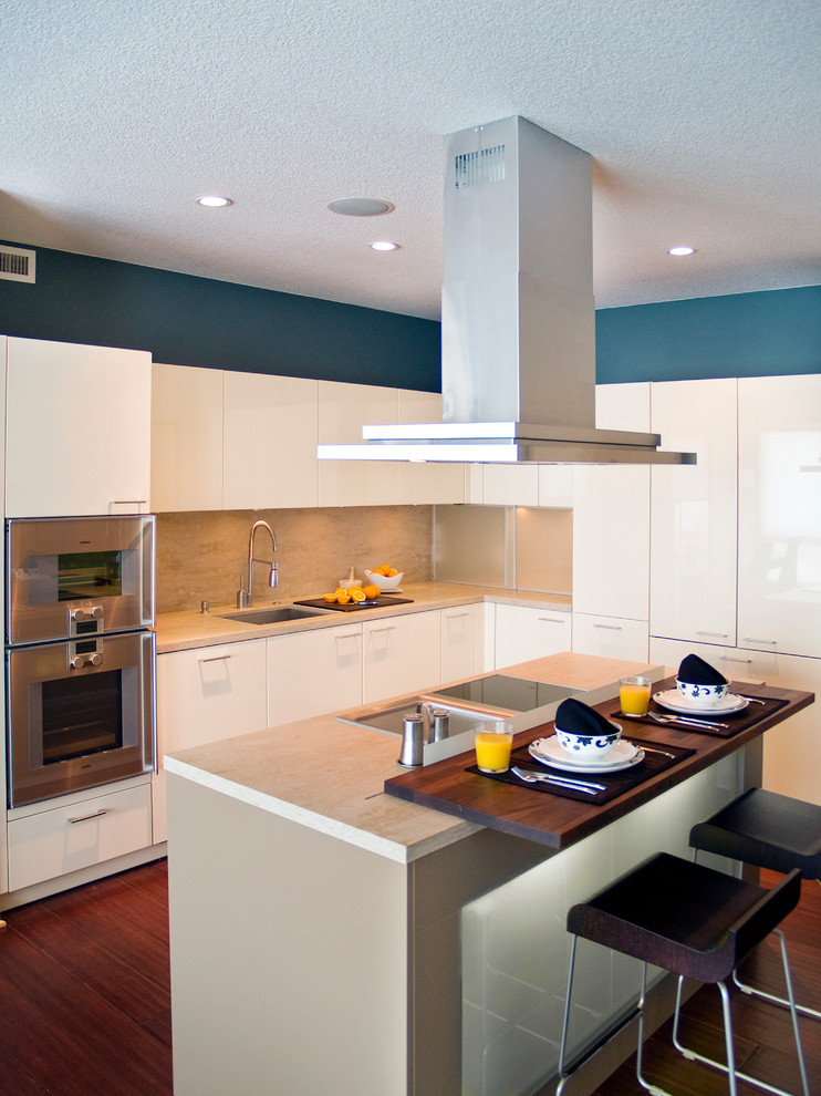 Photo of a contemporary kitchen in Minneapolis with an undermount sink, flat-panel cabinets and white cabinets.