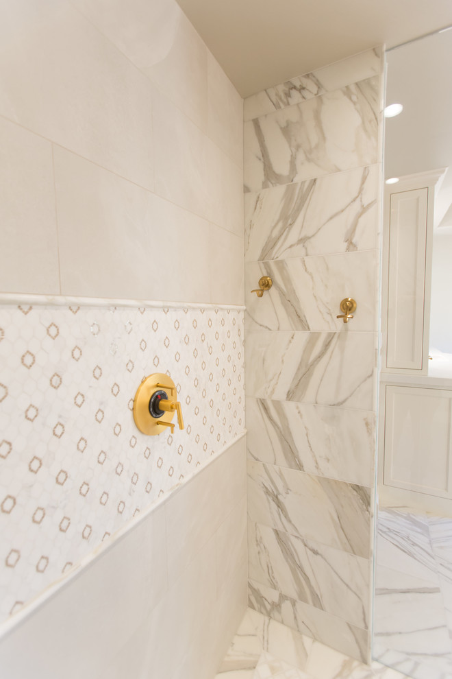 Transitional master white tile and stone tile marble floor home design photo in Phoenix with recessed-panel cabinets, white cabinets, gray walls, an undermount sink and quartz countertops