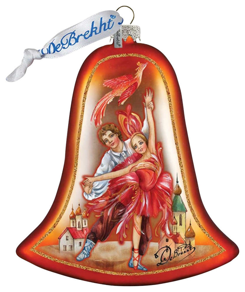 Hand Painted Firebird Bell Glass Scenic Ornament