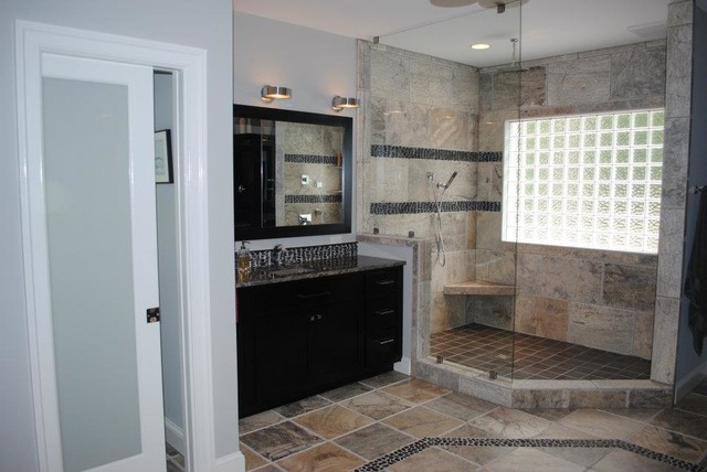 Travertine Tile With River Rock Accents Contemporary Chrome
